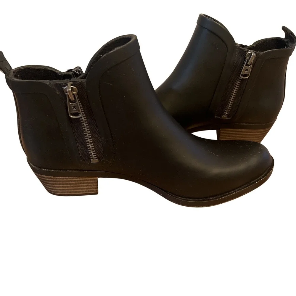 Lucky Brand Baselrain Black Rubber Waterproof Zip Ankle Boots Women Size‎ 8M